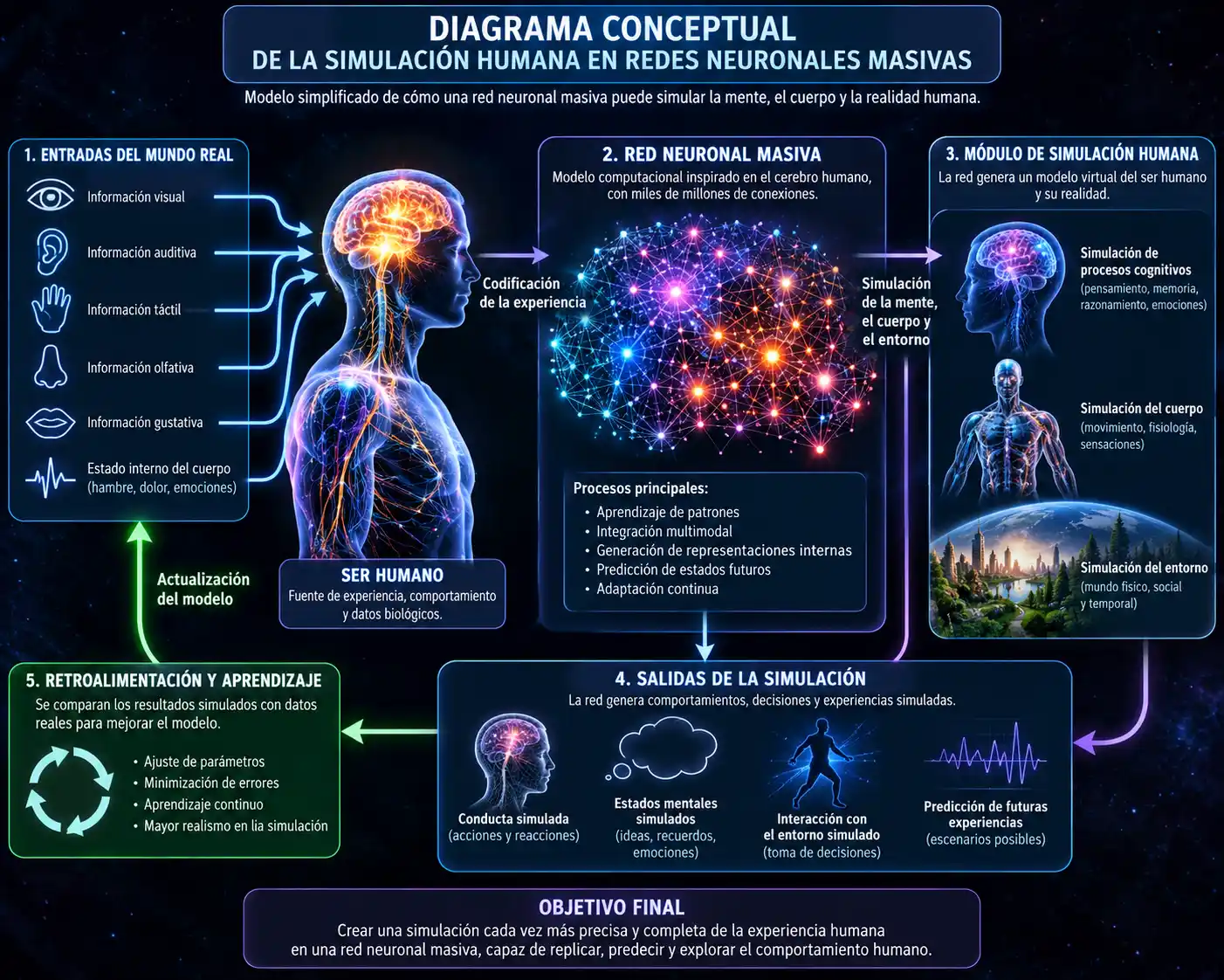 Diagrama conceptual de la simulación humana en redes neuronales masivas